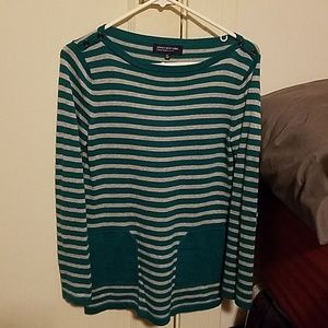 Jones New York Striped Teal and Grey Sweater